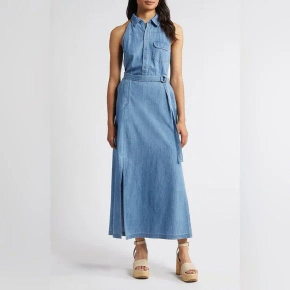 Du Paradis Paros Belted Sleeveless Maxi Shirtdress Vintage Denim NWT Size Small